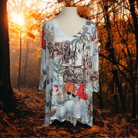 One World Graphic Tunic Top 1X Milan Artsy Plus Size Bling Asymmetric Sublimated - Picture 12 of 16